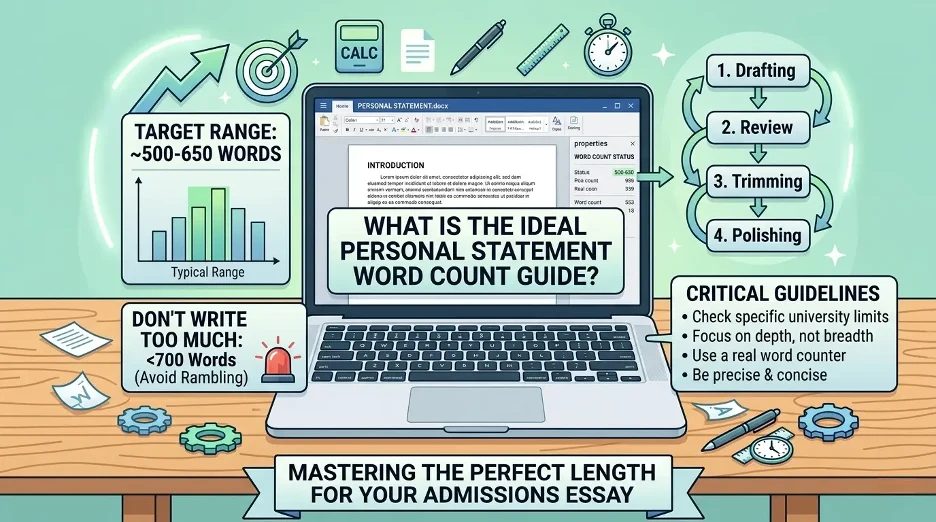 Ideal personal statement word count guide showing recommended lengths for different application limits.