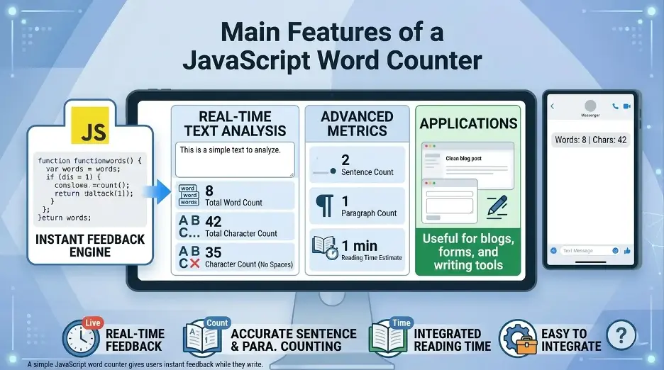 Main features of a JavaScript word counter including real-time feedback, character count, sentence count, and reading time