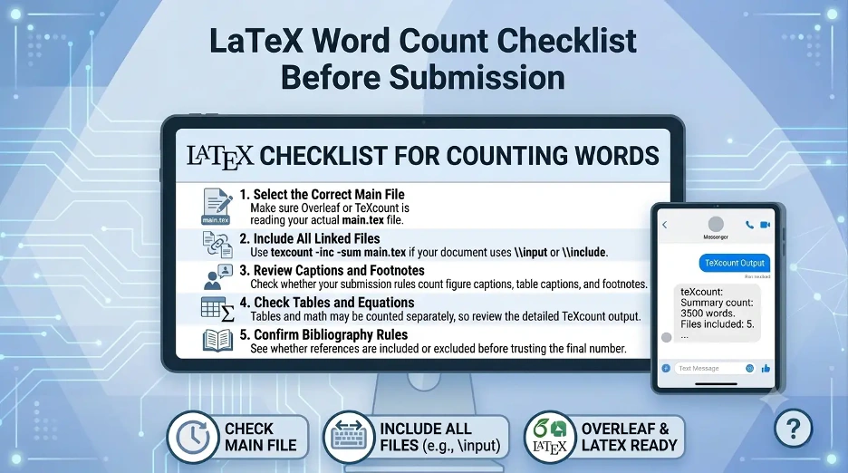 LaTeX word count checklist before submission showing steps to select the main file, include linked files, review captions, check tables, and confirm bibliography rules.
