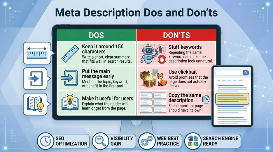 Meta description dos and don’ts showing what to include and what to avoid for better SEO snippets.