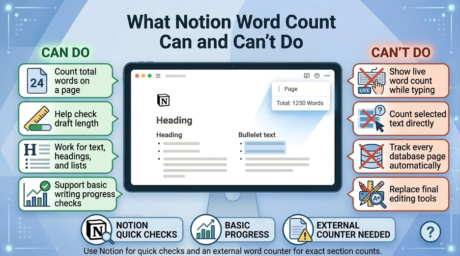 Infographic explaining what Notion word count can and cannot do