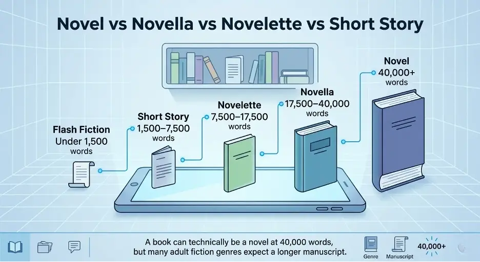 Comparison of fiction formats by word count, from flash fiction and short story to novelette, novella, and novel.