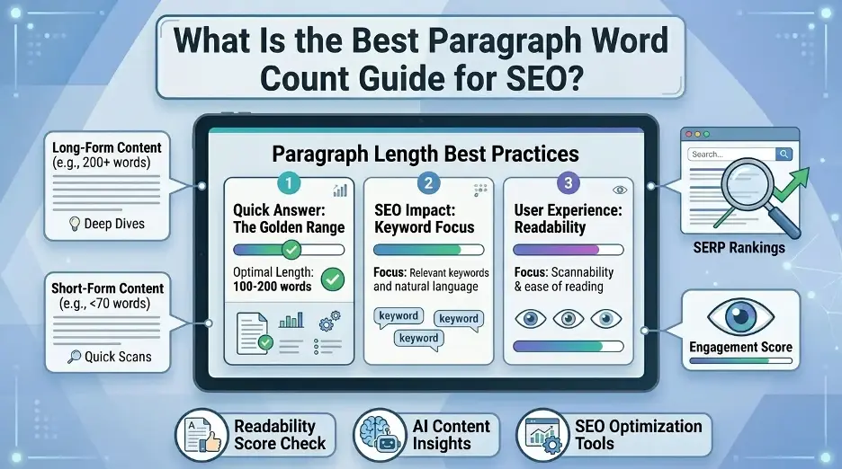 Paragraph word count guide for SEO showing best practices for readability, keyword focus, user experience, and content length.