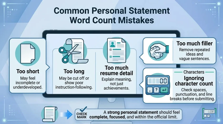 Infographic explaining common personal statement word count mistakes and how to avoid them.
