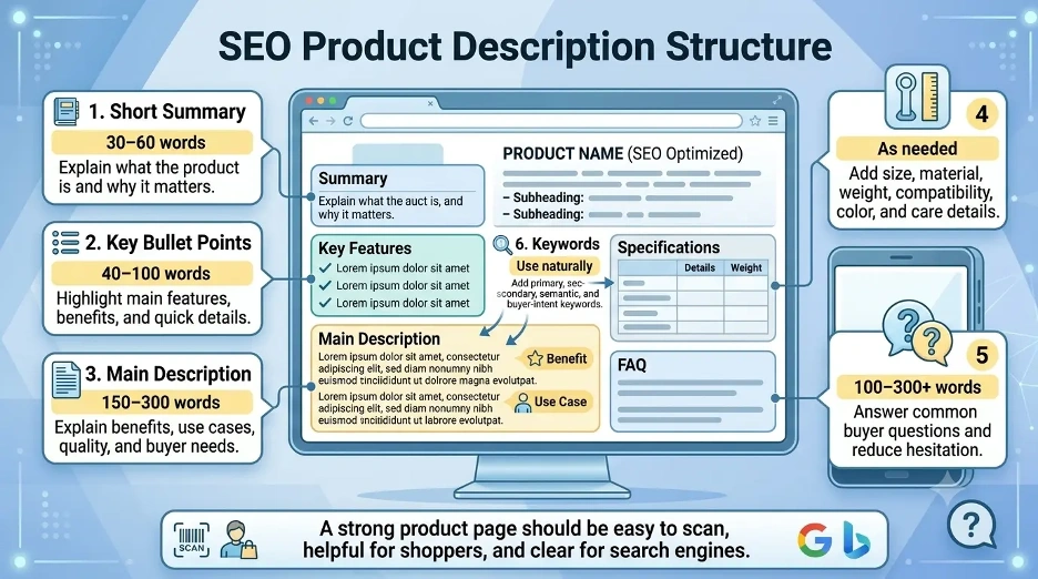 Infographic explaining the ideal SEO product description structure with summary, bullet points, main description, specifications, FAQs, and keywords.