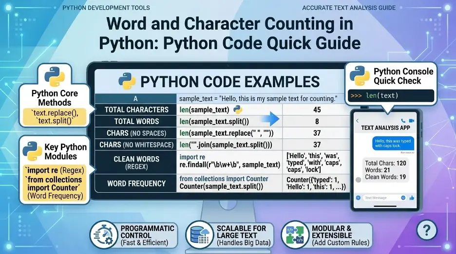Python infographic showing code examples for counting characters, words, clean words, and word frequency.