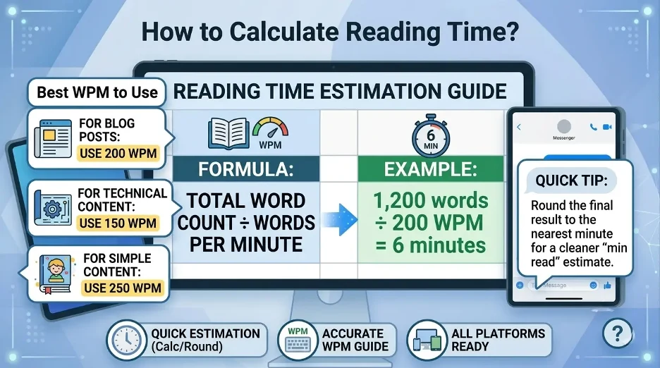 Reading time calculator formula showing word count divided by words per minute.