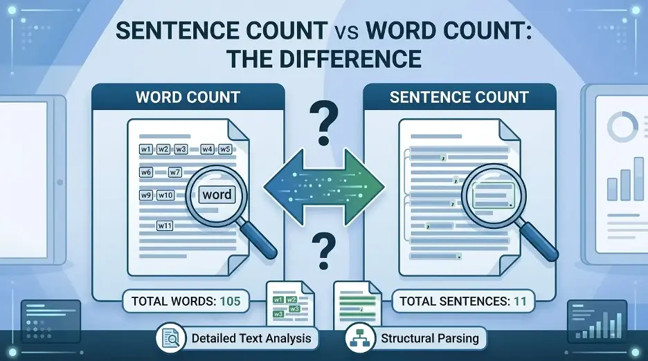 Infographic showing the difference between word count and sentence count using text analysis and sentence structure examples.