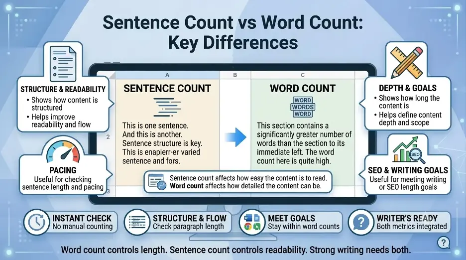 Infographic comparing sentence count and word count, including readability, content depth, SEO goals, and writing structure.