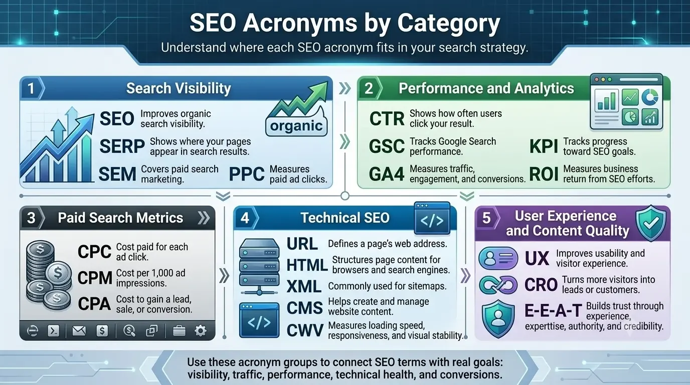 SEO acronyms by category infographic explaining search visibility, analytics, paid search metrics, technical SEO, user experience, and content quality terms.