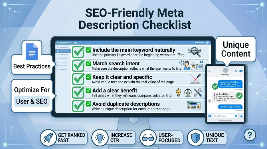 SEO-friendly meta description checklist with tips for writing clear and clickable snippets.