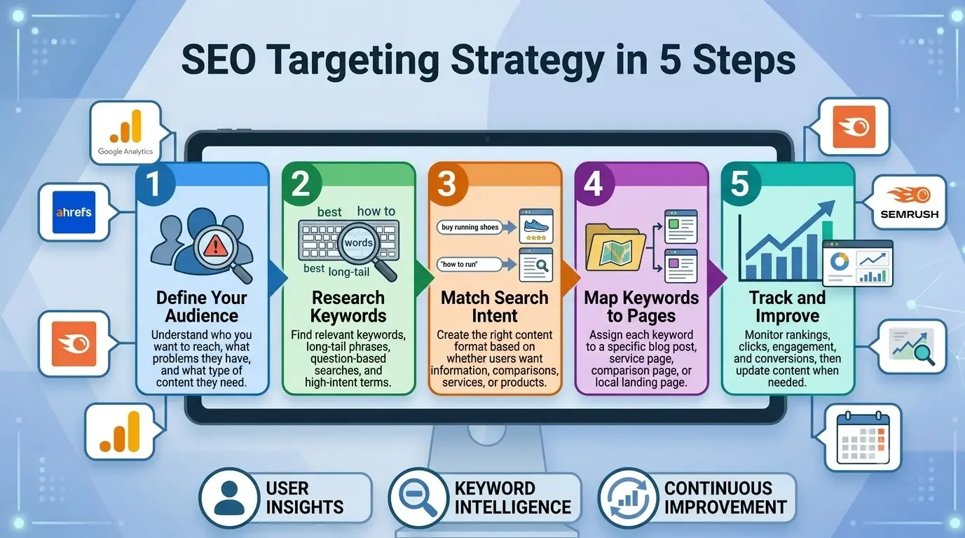 SEO targeting strategy in 5 steps showing audience research, keyword research, search intent matching, keyword mapping, and performance tracking.