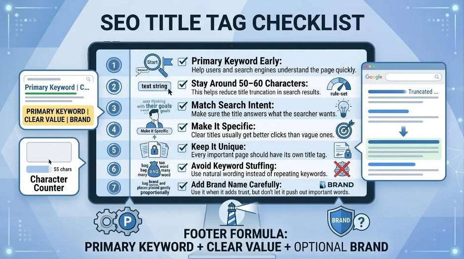 SEO title tag checklist infographic showing how to write clear, unique, clickable, and search-friendly page titles.