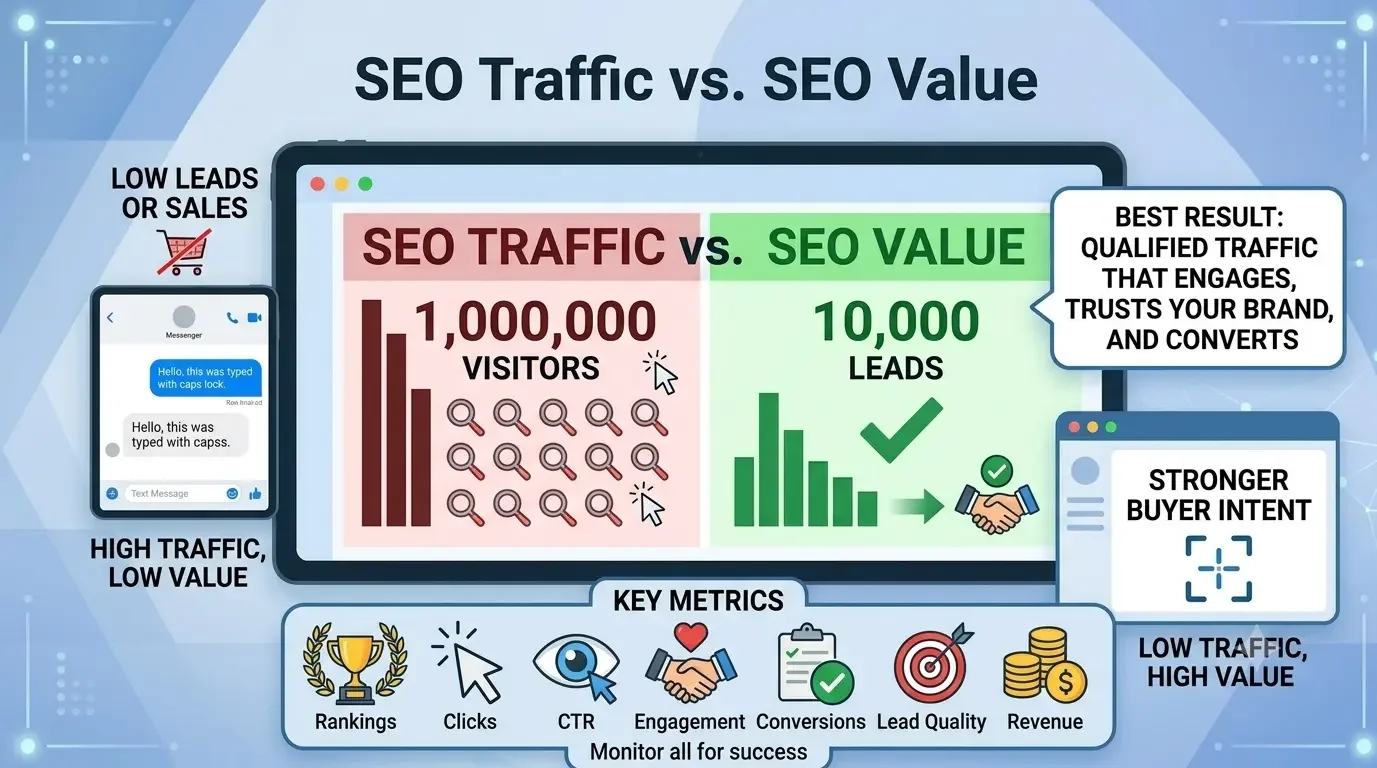 SEO traffic vs SEO value comparison showing high traffic with low leads versus qualified traffic that engages, trusts your brand, and converts.