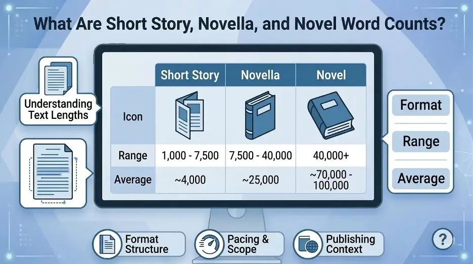Chart explaining word count ranges and average lengths for short stories, novellas, and novels.