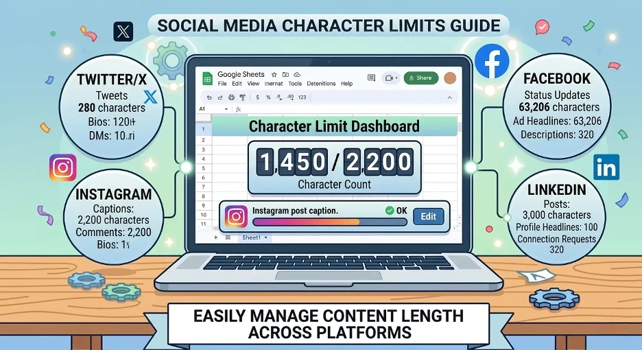 Social media character limits guide showing recommended post, caption, bio, title, and description lengths for major platforms.