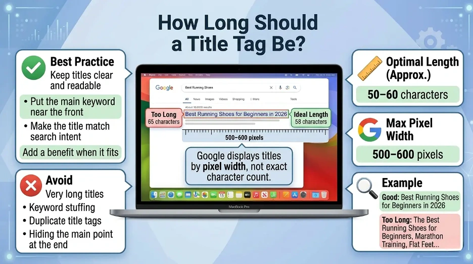 Infographic showing the ideal SEO title tag length of 50 to 60 characters or 500 to 600 pixels with tips to avoid truncation