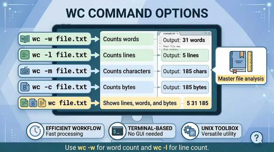 WC command options infographic showing how to count words, lines, characters, bytes, and default file output in Linux Terminal.