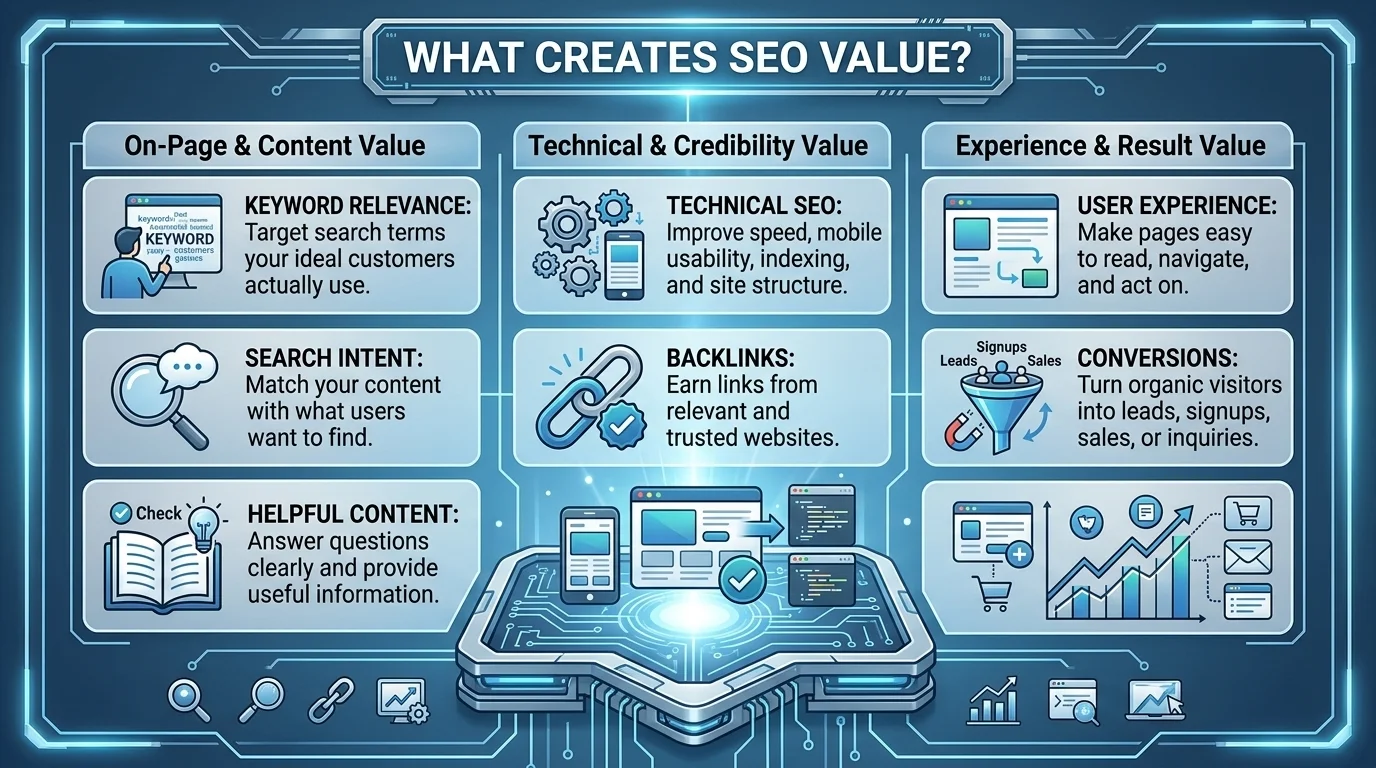 What creates SEO value infographic showing keyword relevance, search intent, helpful content, technical SEO, backlinks, user experience, and conversions.
