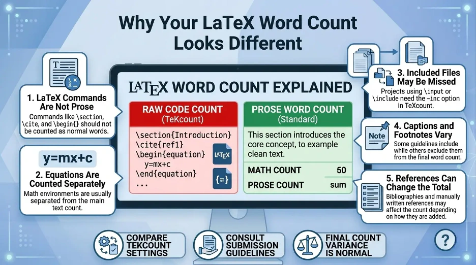 Infographic explaining why LaTeX word counts differ, including commands, equations, included files, captions, footnotes, and references.