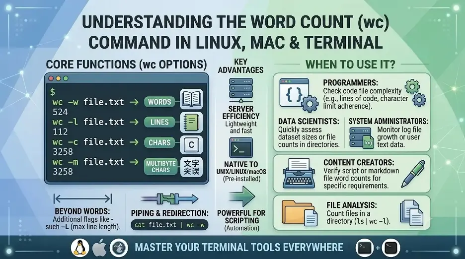 Infographic explaining the word count wc command in Linux, Mac, and Terminal with options, use cases, and command examples.