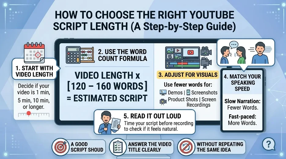 Infographic explaining how to choose the right YouTube script length based on pacing, visuals, and video type