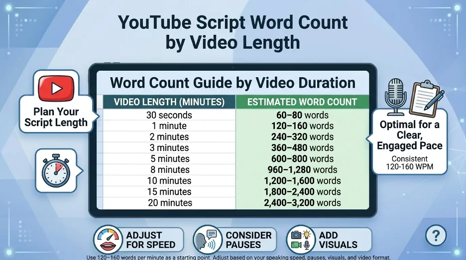 YouTube script word count chart showing recommended words for 30 seconds to 20 minute videos