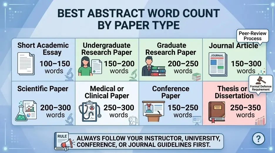 Abstract word count guide showing recommended abstract length for essays, research papers, journal articles, theses, and dissertations.