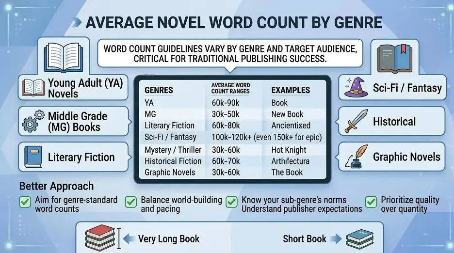 Average novel word count by genre infographic with ranges for YA, middle grade, literary fiction, fantasy, historical fiction, and graphic novels.