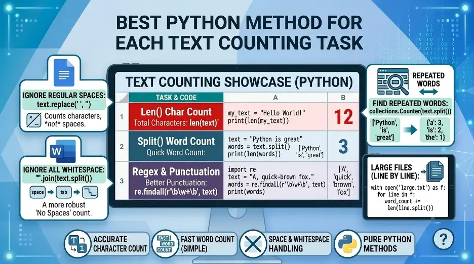 Infographic comparing Python methods to count characters, words, punctuation, repeated words, and large text files.