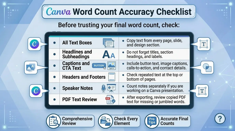 Canva word count accuracy checklist infographic showing how to avoid missing text boxes, slide notes, headers, footers, and captions