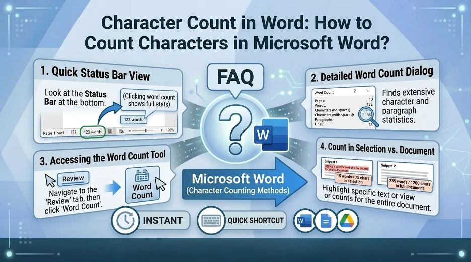 Character count in Word tutorial showing how to count characters in Microsoft Word