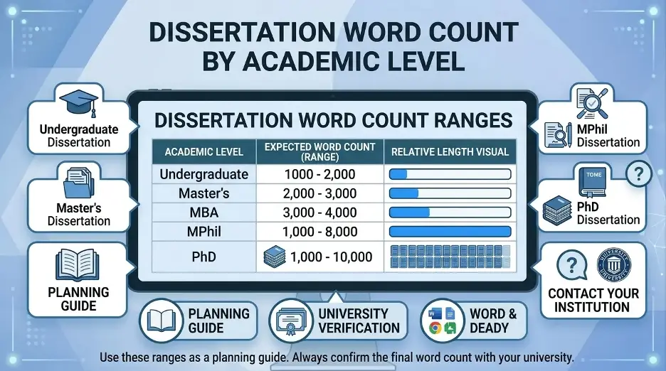 Dissertation word count by academic level infographic showing undergraduate, master's, MPhil, and PhD planning ranges