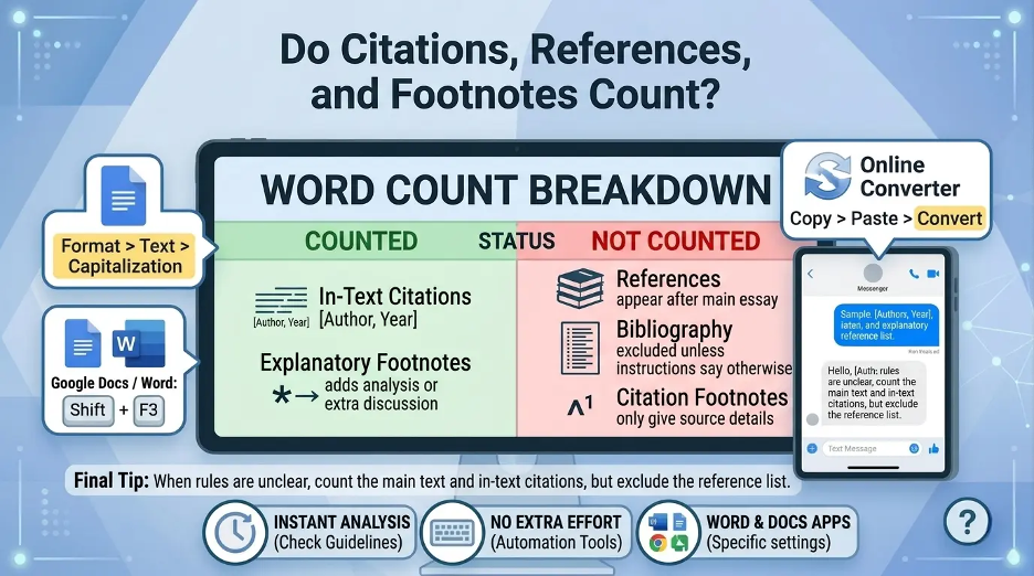 Infographic explaining whether citations, references, and footnotes are included in academic word count