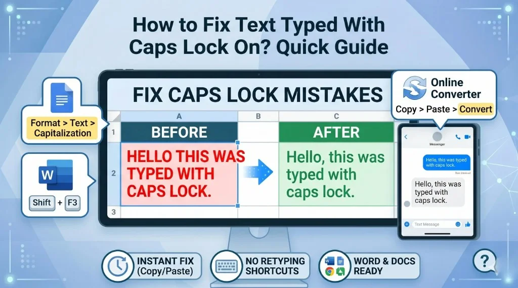 Guide showing how to fix text typed with Caps Lock on using uppercase to lowercase conversion