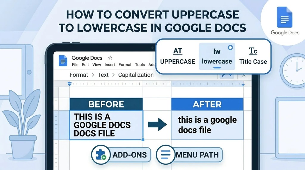 Google Docs capitalization menu showing steps to convert uppercase text to lowercase using the Format → Text → Capitalization option.