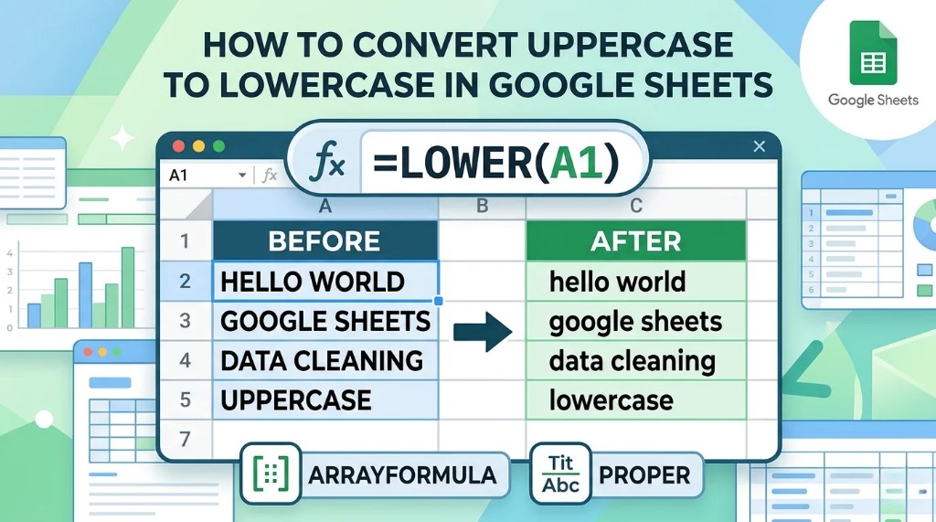Google Sheets LOWER function demonstration showing how to convert uppercase text into lowercase using a simple formula in a spreadsheet