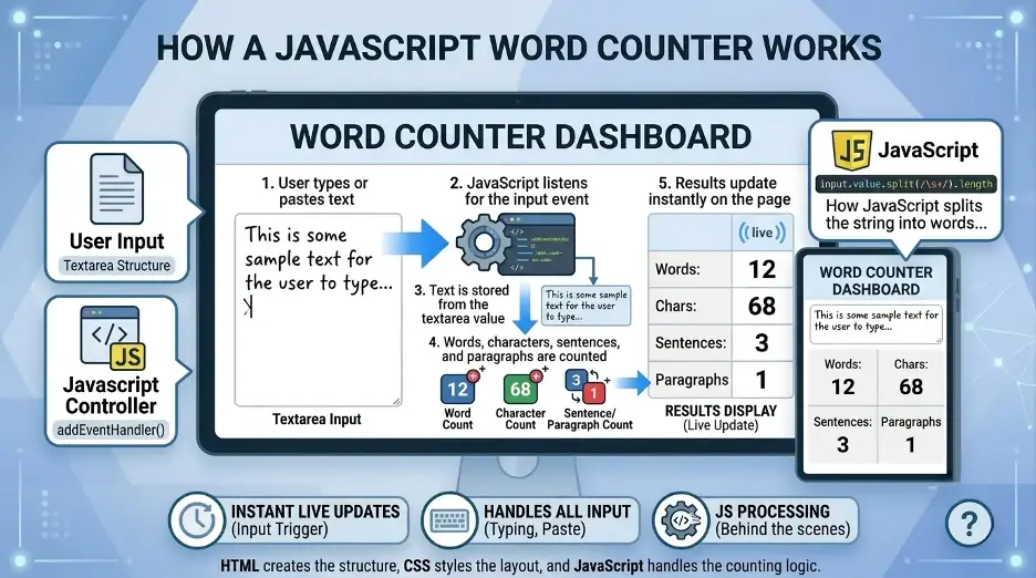 How a JavaScript word counter works from textarea input to live word, character, sentence, and paragraph results