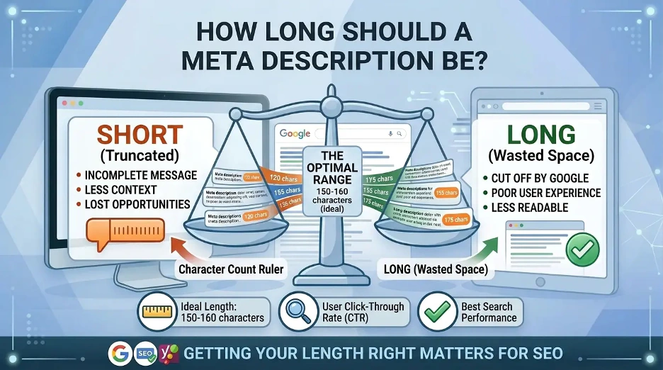 How long should a meta description be infographic showing ideal character length for desktop and mobile search results.