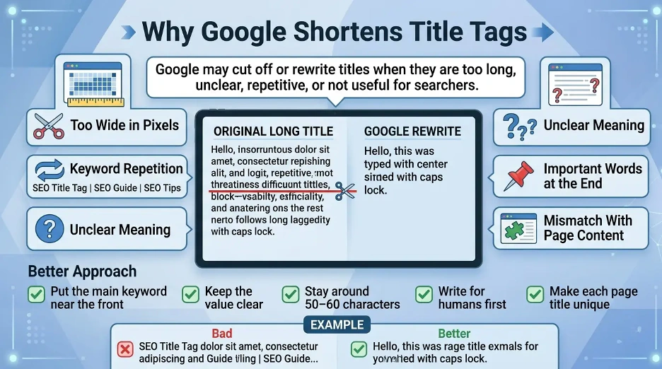 Infographic explaining why Google truncates or rewrites title tags and how to keep SEO titles clear and clickable.