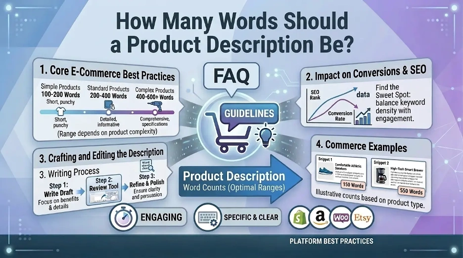 How many words should a product description be showing ideal word count by product type for ecommerce and SEO