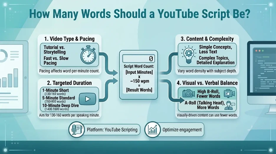 Infographic explaining how many words a YouTube script should be for different video lengths
