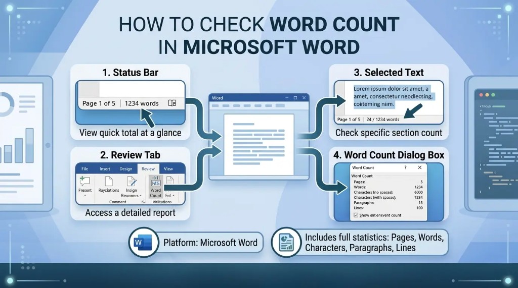 Infographic showing how to check word count in Microsoft Word using the status bar, Review tab, selected text, and Word Count dialog box