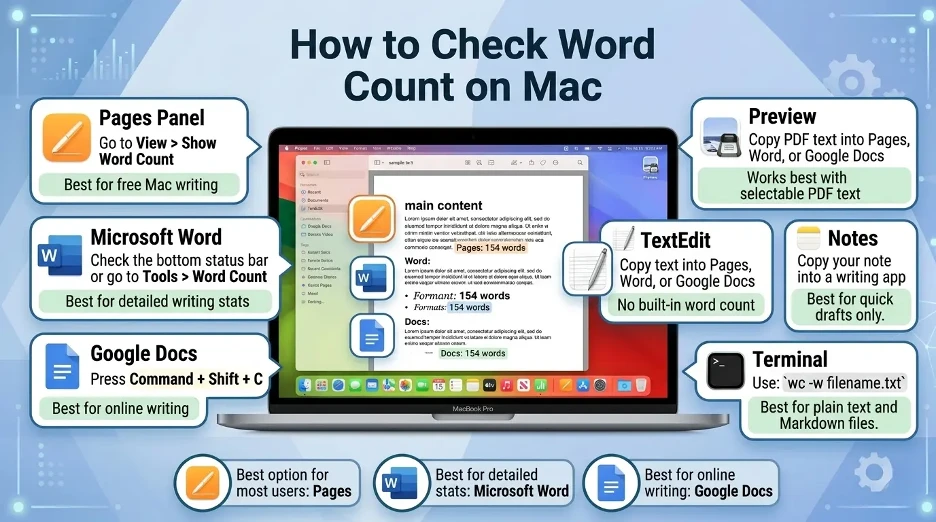Infographic showing how to check word count on Mac using Pages, Microsoft Word, Google Docs, TextEdit, Notes, Preview, and Terminal.