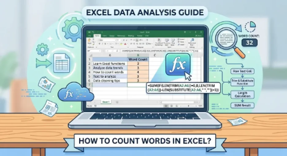 How to count words in Excel using a formula to calculate word count in a cell or range.