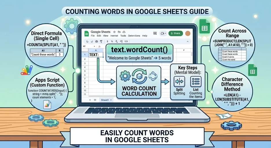 How to count words in Google Sheets using formulas for single cells, ranges, columns, and specific words.