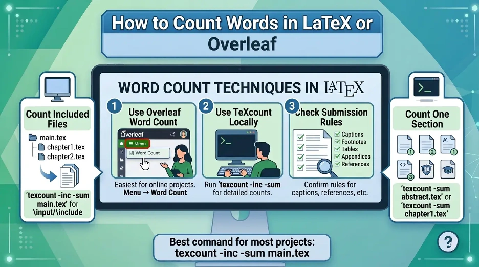 Infographic explaining how to count words in LaTeX or Overleaf using Overleaf word count, TeXcount, included files, and section-specific counts.