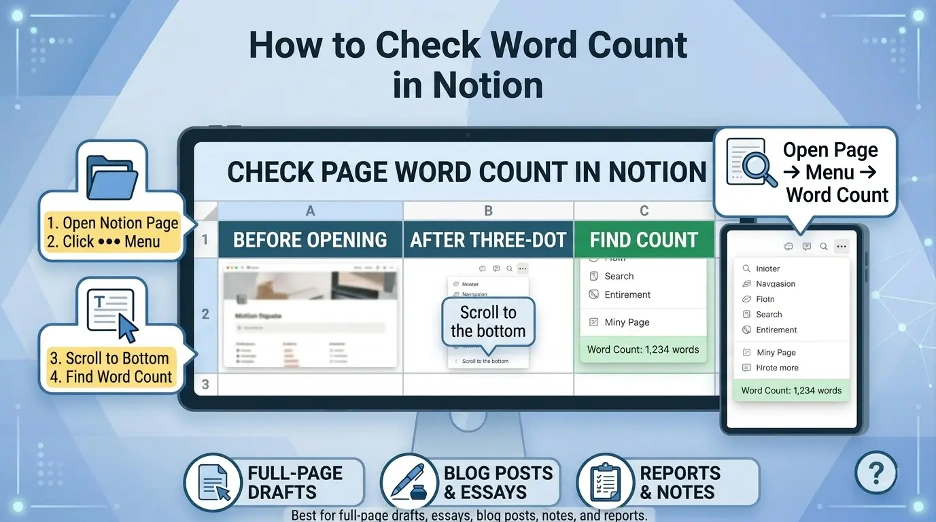 Step-by-step infographic showing how to count words in Notion using the three-dot page menu.