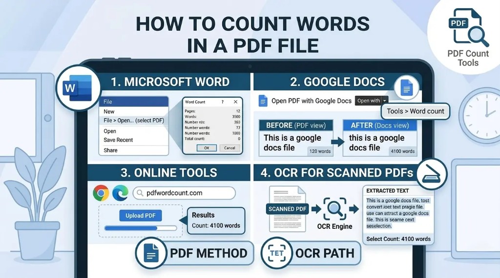Infographic showing how to count words in a PDF using Microsoft Word, Google Docs, online PDF tools, and OCR