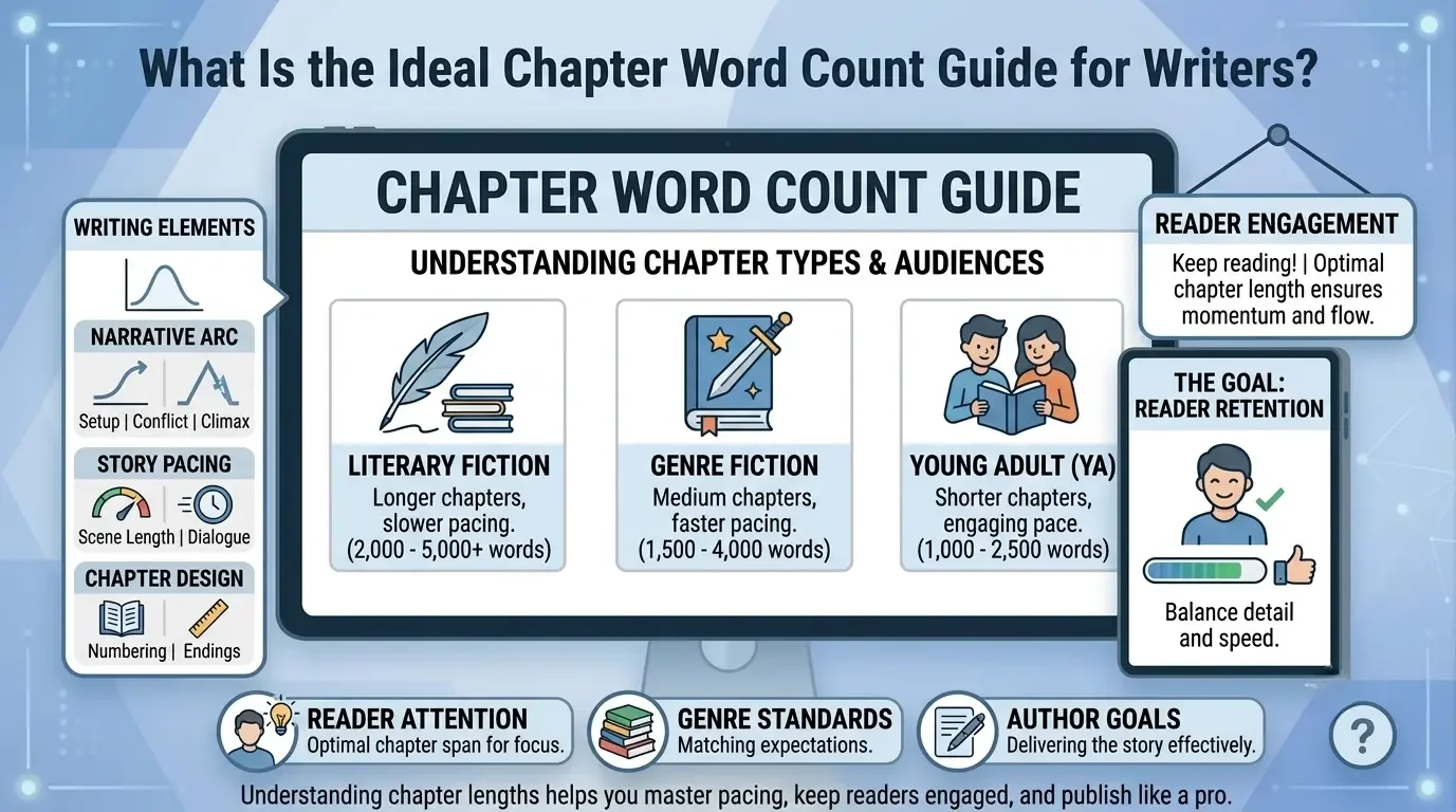 Ideal chapter word count guide showing recommended chapter lengths by book type, genre, and pacing for fiction and nonfiction writers.